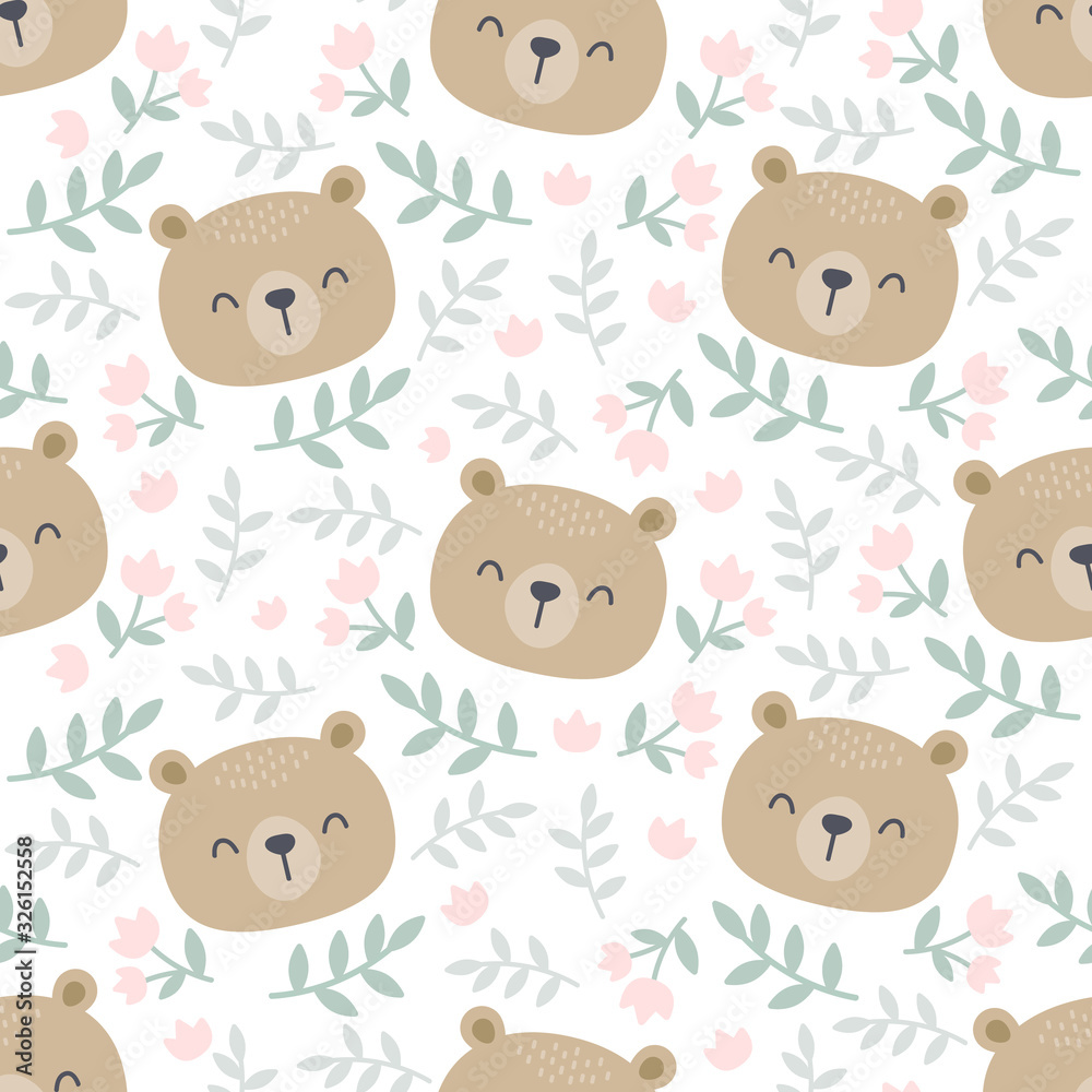 Cute bear and floral seamless pattern background