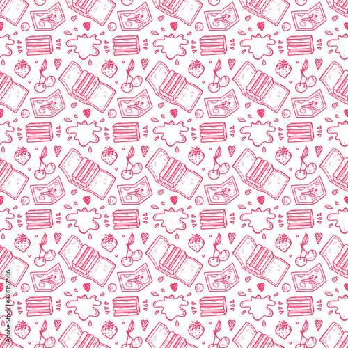 Sweets. Strawberry and Cherry Chewing Gum Seamless pattern. Hand Drawn Doodle Bubble Gums. Vector illustration