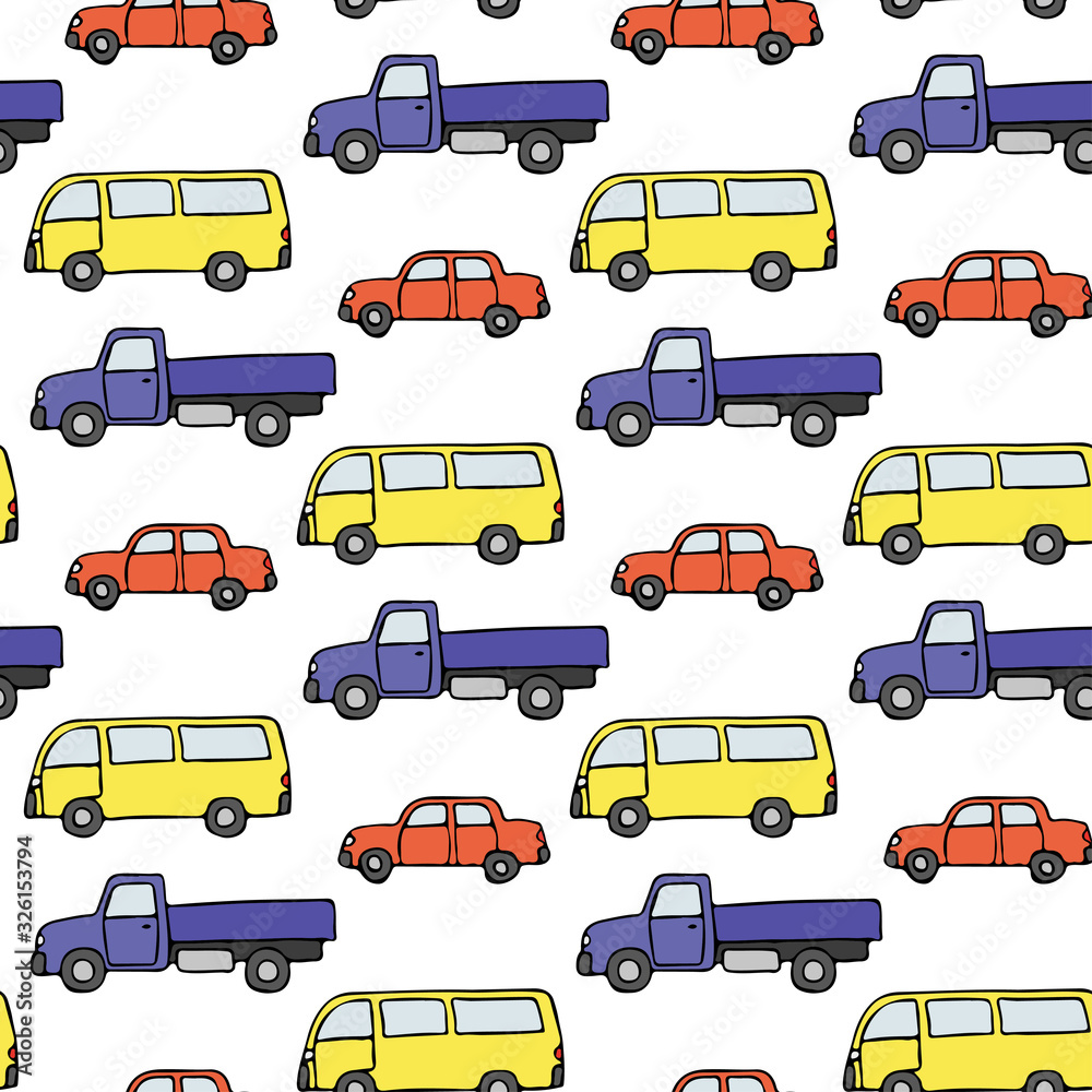 Bright colorful multi-colored cars isolated on white background. Baby seamless pattern. Vector graphic hand drawing. Texture.