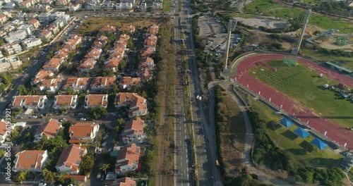 Aerial view above Netivot. A city in the Southern District of Israel located between Beersheba and Gaza strip. resindetal houses and high way road  photo