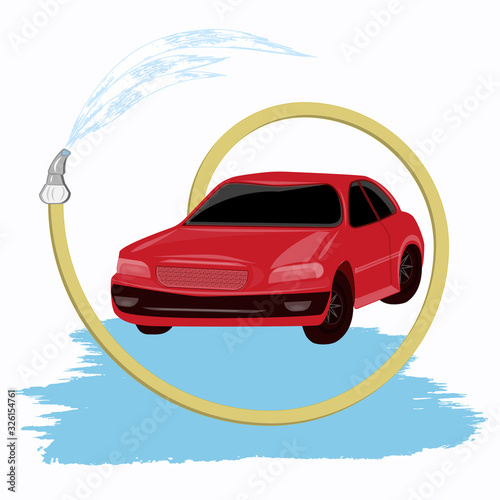 Hose with pouring water, machine - isolated on white background - vector. Car wash service