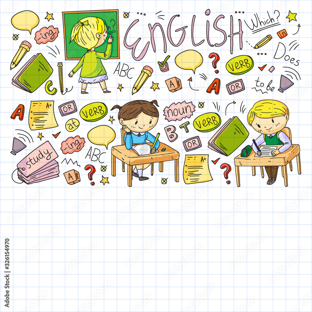 Fototapeta premium English school for children. Learn language. Education vector illustration. Kids drawing doodle style image.