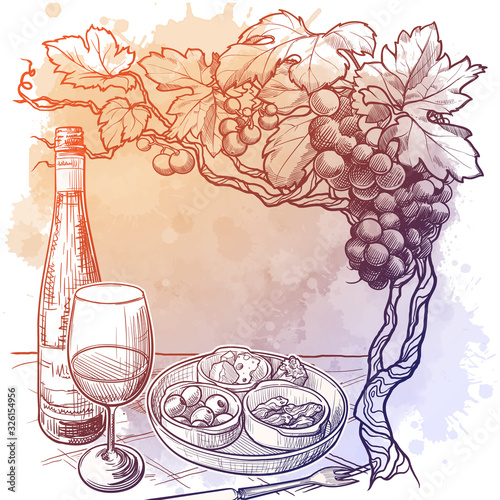 Still life drawing with a cafe table served with a bottle of wine, glass and various snacks. Template for a restaurant menu. Sketch on a watercolor textured background. EPS10 vector