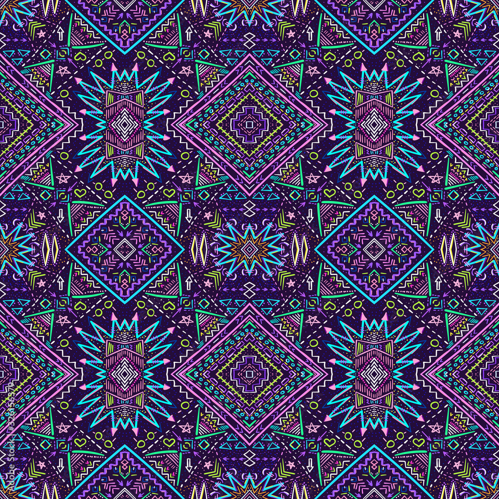 Ethnic pattern. Aztec fabric. Geometric tribal ornament. Brazilian or Mexican print. Clothes or interior design. Traditional homespun textile. Vector seamless pattern.
