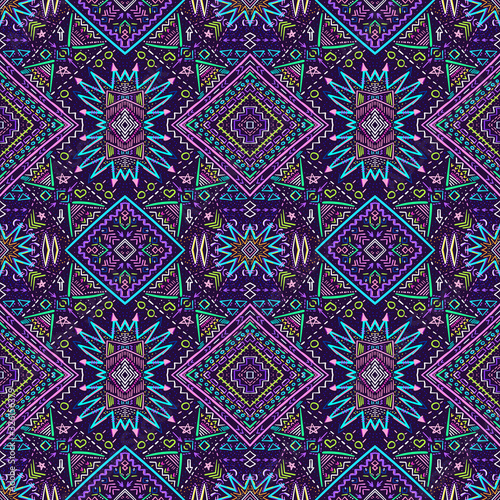 Ethnic pattern. Aztec fabric. Geometric tribal ornament. Brazilian or Mexican print. Clothes or interior design. Traditional homespun textile. Vector seamless pattern.
