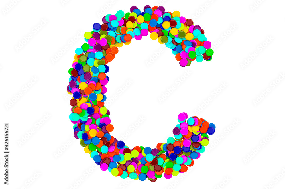 Letter C from confetti. 3D rendering