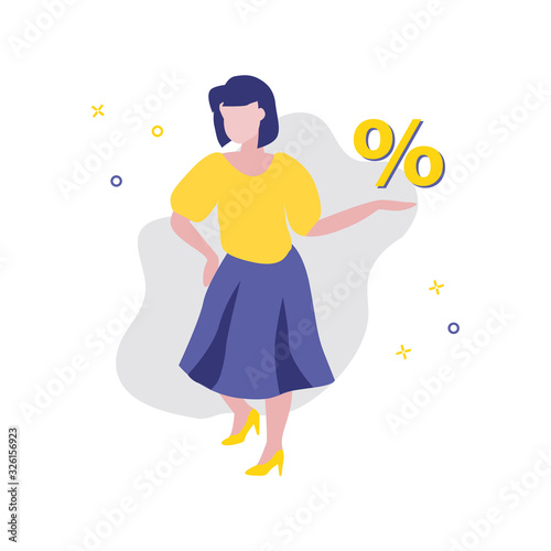 Vector illustration of girl or woman with percent symbol in her hand. Sale, online shopping, shopping app, consumer, discount offer concept. Сonsultant in the store bussiness template © AlyceStrogaya