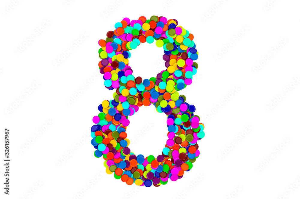 Number 8 from confetti. 3D rendering