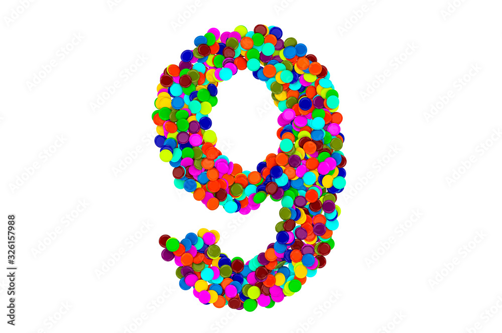 Number 9 from confetti. 3D rendering