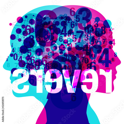 A 2-person back-to-back side silhouette overlaid with various sized transparent light bulbs and gears shapes. The word 