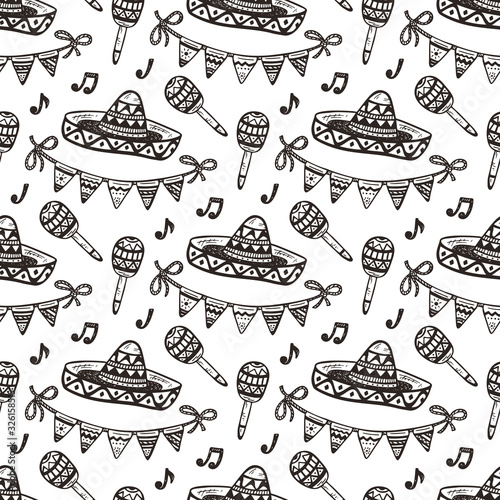 Mexico. Mexican holiday Vector background. Synco de Mayo. Hand drawn doodle Sombrero, Maracas, Bunting Flags