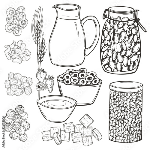 Hand drawn breakfast cereals set. Vector sketch illustration