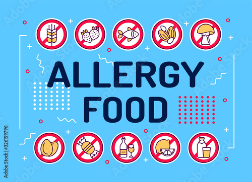 Allergy food word lettering typography. Allergenic ingredients. Food intolerance. Infographics with linear icons on background. Creative idea concept. Isolated outline color illustration