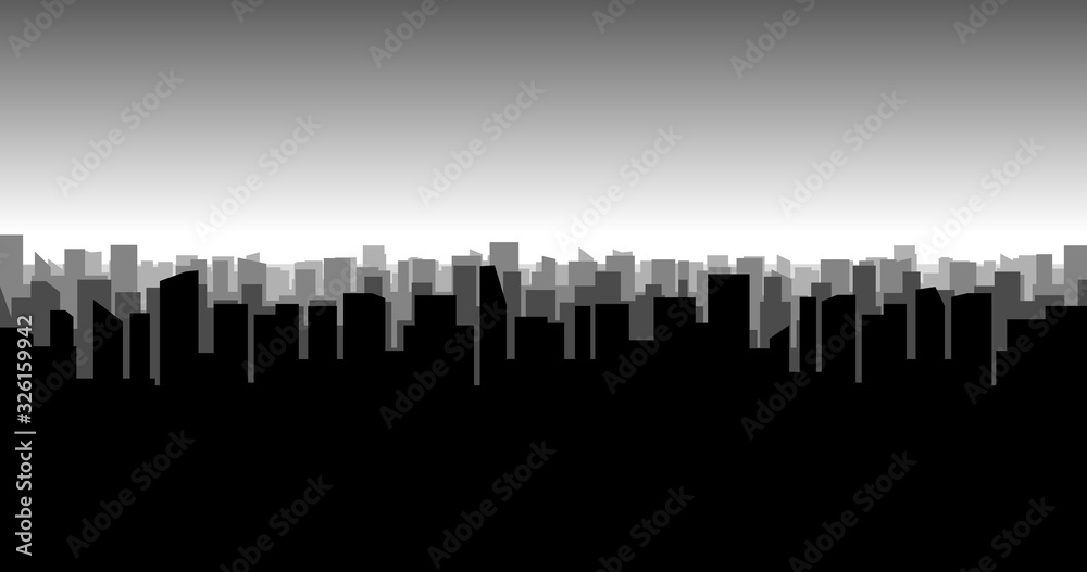 City silhouette. Metropolis with high-rise buildings and skyscrapers in a row. Urban landscape in a flat style on a gradient background. Black and white illustration, Wide horizontal format, vector