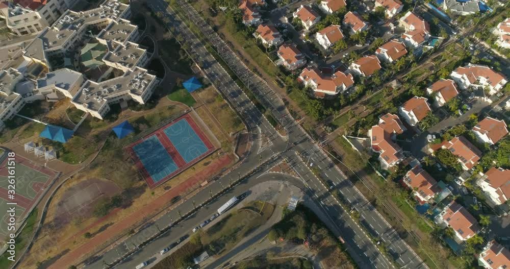 Aerial view above Netivot. A city in the Southern District of Israel located between Beersheba and Gaza strip. resindetal houses and high way road 