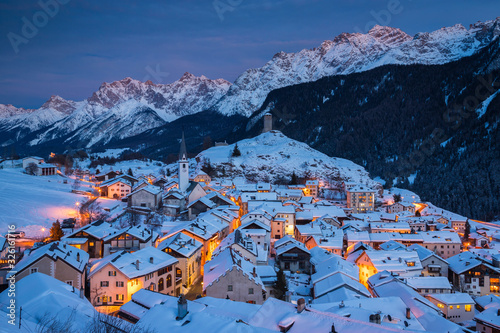 the Swiss village of Ardez covered by snow during the winter, Switzerland