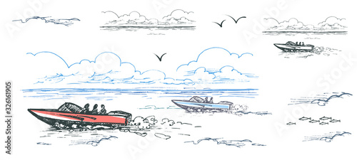 Fényképezés Vector color image of motor boats with people among the water, clouds and gulls