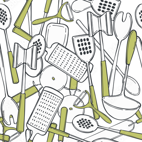 Hand drawn kitchen tools.   Vector seamless  pattern