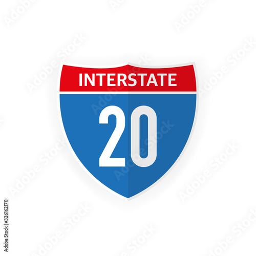 Interstate highway 20 road sign icon isolated on white background. Vector illustration.
