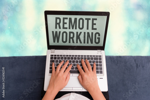 Conceptual hand writing showing Remote Working. Concept meaning situation in which an employee works mainly from home photo