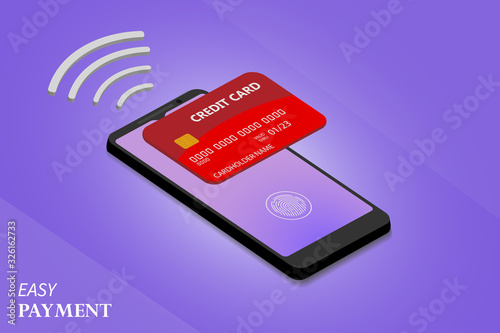 Vector illustration of smartphone with processing of mobile payments from credit card on the screen. Smartphone and payment