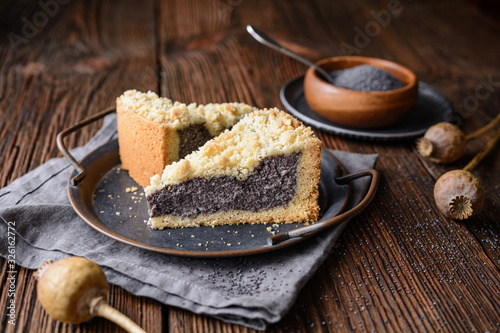 Mohnkuchen, German poppy seed cake topped with crunchy streusel