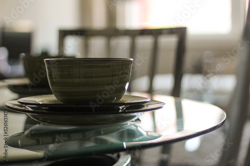 bowl plate cup set on dining table