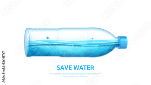 Water pollution concept banner. Stop ocean pollution. Ecology problem concept with polluted water in realistic plastic bottle. Vector illustration with plastic trash in sea.