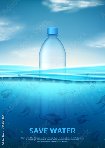 Water pollution concept poster. Stop ocean pollution. Ecology problem concept with polluted water and realistic plastic bottle. Vector illustration with plastic trash in sea.