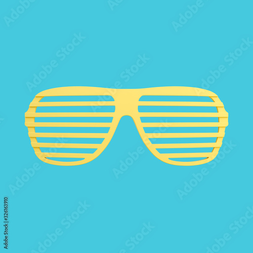 Yellow plastic shutter shade sunglasses isolated on blue background. Trendy fashion style. Minimal design art. 3d illustration.