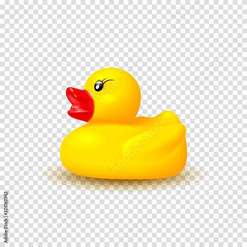 Realistic vector rubber duck. Vector illustration with 3d rubber duck isolated on checkered background. Realistic yellow kid toy.