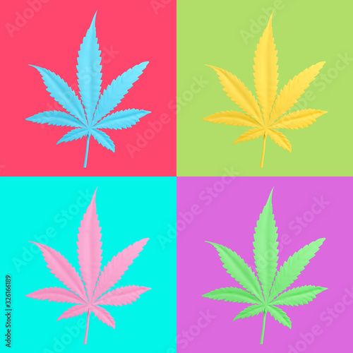 Colorful set of cannabis (marijuana) leaves isolated on different bright backgrounds. Medicinal plant and herb. 3d illustration.