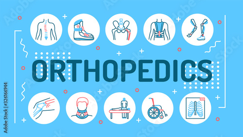 Orthopedics word lettering typography. Rehabilitation after injuries. Musculoskeletal system treatment. Infographics with linear icons on blue background. Creative idea concept.