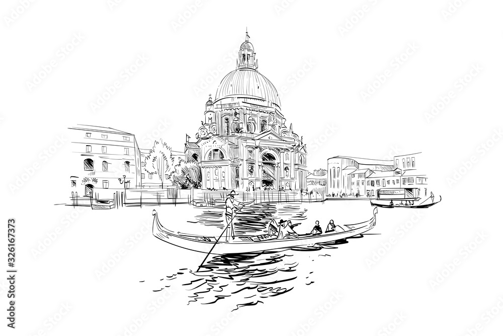 Cathedral of Santa Maria della Salute.  Grand Canal. Venice. Italy. Hand drawn city sketch. Vector illustration.