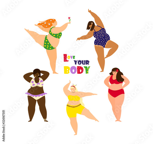 Body positive concept with beautiful  plus size women dancing in colorful swimsuits. Multy ethnic beauty. Flat cartoon vector illustration.