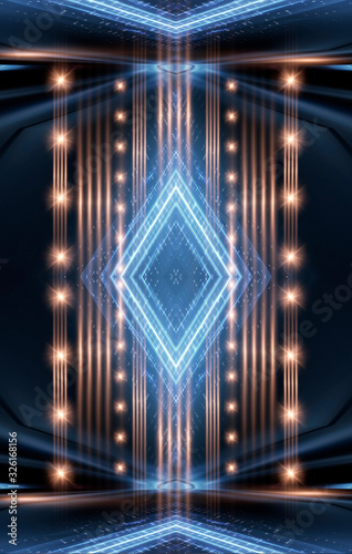 Abstract modern dark background. Dark empty scene with rays and spotlights. Night abstract blue background with warm light. Neon light, reflection.