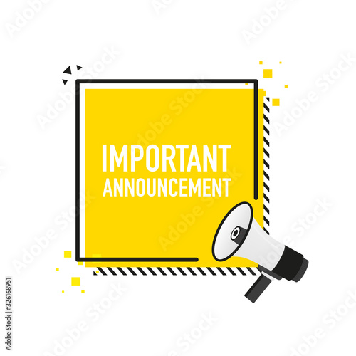 Megaphone with important announcement poster in flat style. Vector illustration.