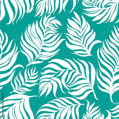 Seamless pattern with white palm dypsis leaves on blue background. Seamless summer palm dypsis leaves tropical fabric design. Dypsis lutescens seamless pattern.