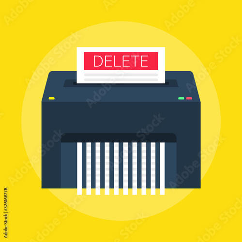 Delete files or deleted documents process. Paper shredder Machine. Flat style. Vector illustrations.