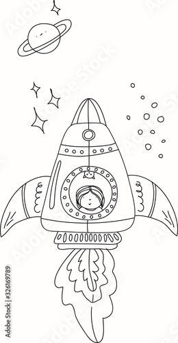 Outline with astronaut kid and cat in rocket ships. Stars, planet.Coloring. Black and white cartoon character. Vector illustration on white background. Kids coloring book. A game for children.