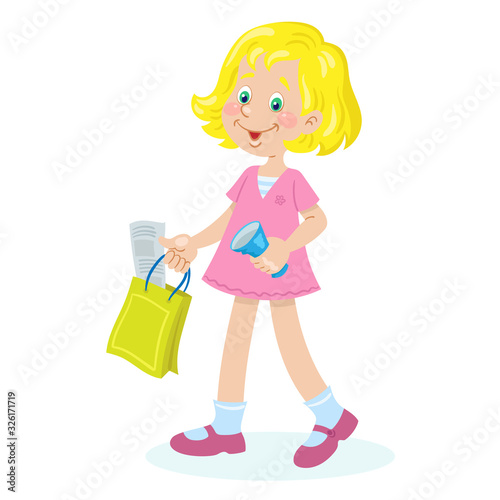 A nice girl carries a paper bag, newspaper and a used paper cup for recycling. Garbage removal. In cartoon style. Isolated on white background. Vector illustration.
