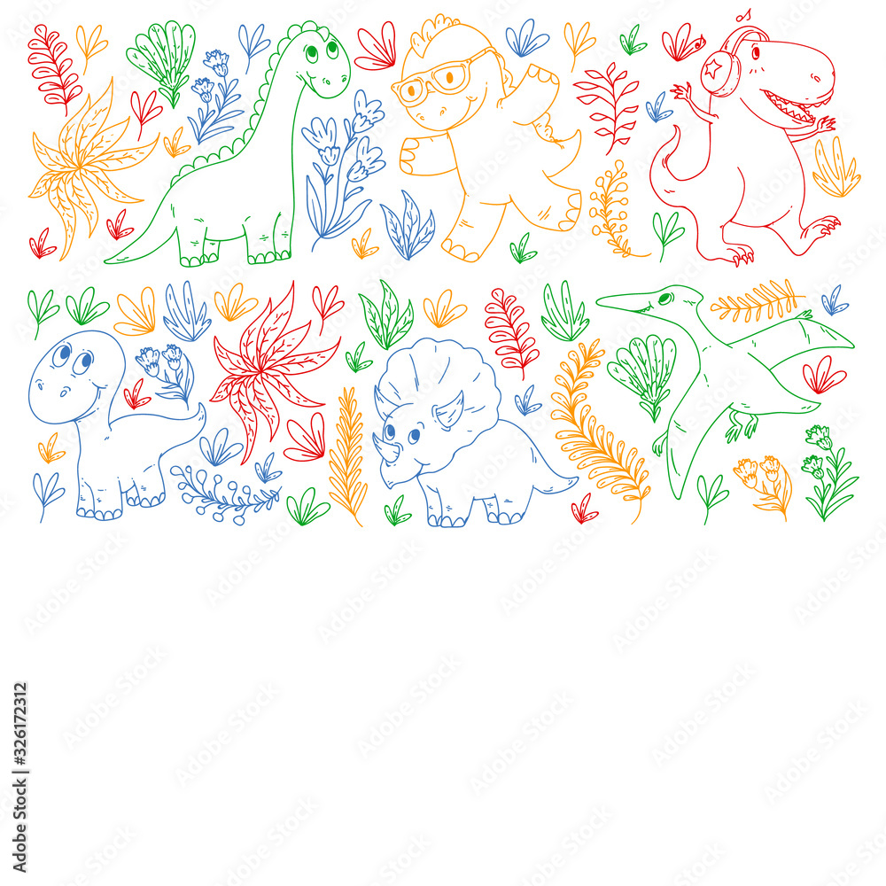 Obraz premium Pattern kids fabric, textile, nursery wallpaper. Vector illustration. Hand drawn dinosaurs, dino for little children.