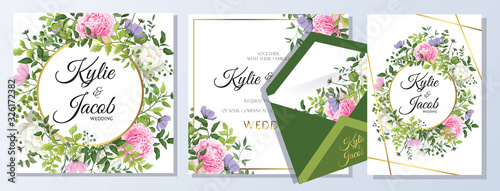 Set watercolour wedding vector template with flower, leaves, gold and line decoration. Floral invitation card. Wild flowers and peony and rose flower. Beautiful greenery plants