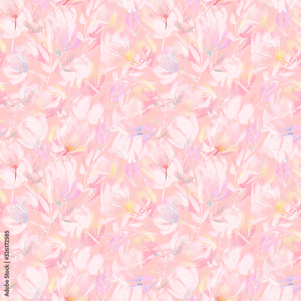 Seamless illustration of white, yellow and blue tulips on a pastel pink background