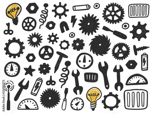 Hand drawn grunge style car details set.  Parts of machinery and robot icons. Auto spare parts elements kit. Doodle repair service symbols vector collection.