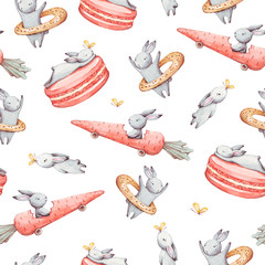 Wandcirkels Aquarel prints patronen Cute watercolor seamless pattern. Wallpaper with party cupcakes and beautiful fantasy bunneis cartoon animals on white background. Hand drawn vintage texture.  © BloomPix