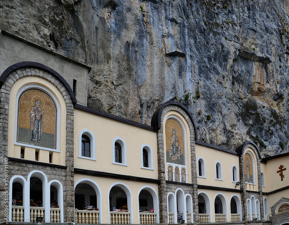 View of Ostrog Monastery on rainy day, Montenegro.