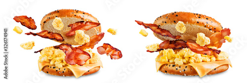 Fried bacon cheese egg salad bagel on a white isolated background