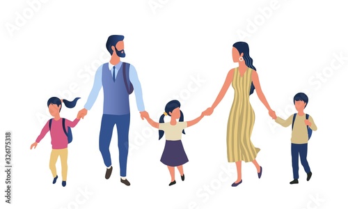 Young parents taking their children to school walking hand in hand chatting and smiling in a childcare concept, colored vector illustration