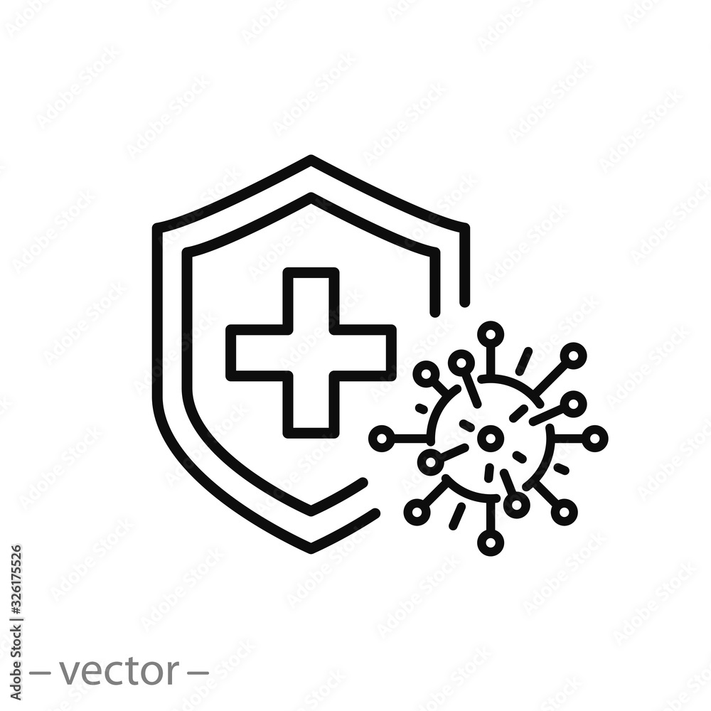 immune from flu germ icon, virus protection, hygiene shield, bacterial prevention, thin line web symbol on white background - editable stroke vector illustration eps10 immune from flu germ icon, virus protection, hygiene shield, bacterial prevention, thin line web symbol on white background - editable stroke vector illustration eps10